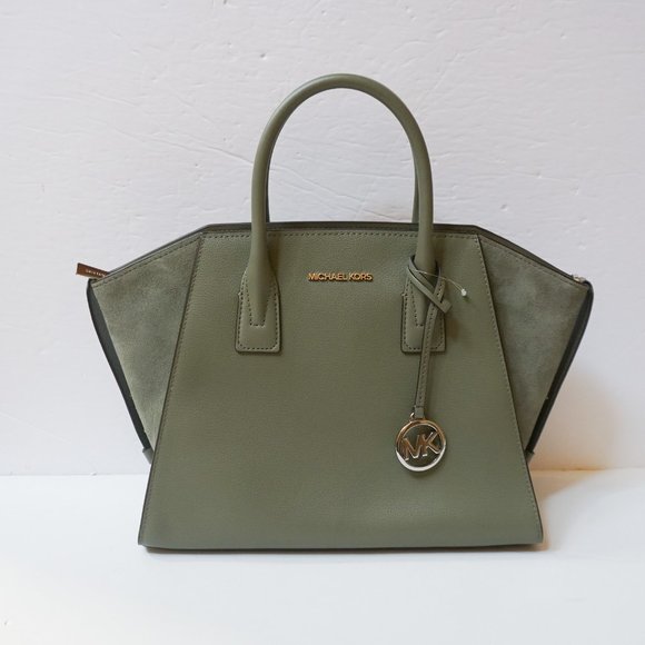 Michael Kors Avril Large Top Zip Satchel Shoulder Leather Bag Army Green - Picture 6 of 13